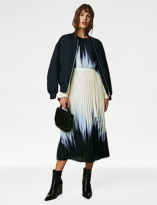 Ombre Tie Waist Pleated Midi Waisted Dress