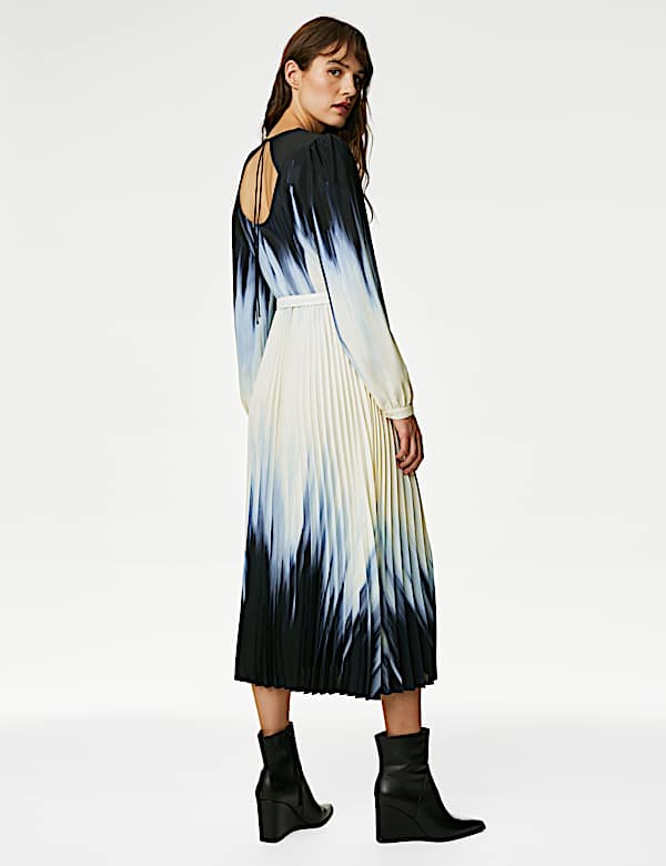 Ombre Tie Waist Pleated Midi Waisted Dress