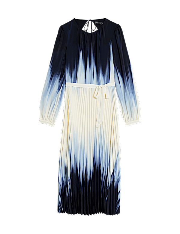 Ombre Tie Waist Pleated Midi Waisted Dress