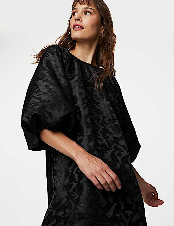 Jacquard Round Neck Mini Shift Dress