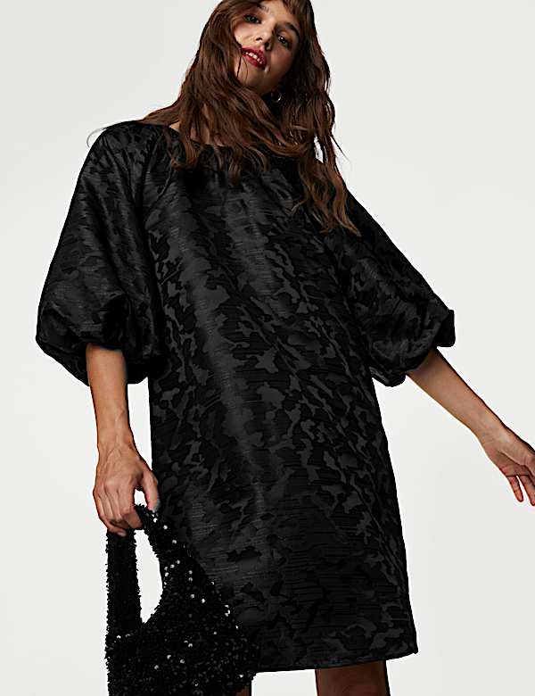 Jacquard Round Neck Mini Shift Dress