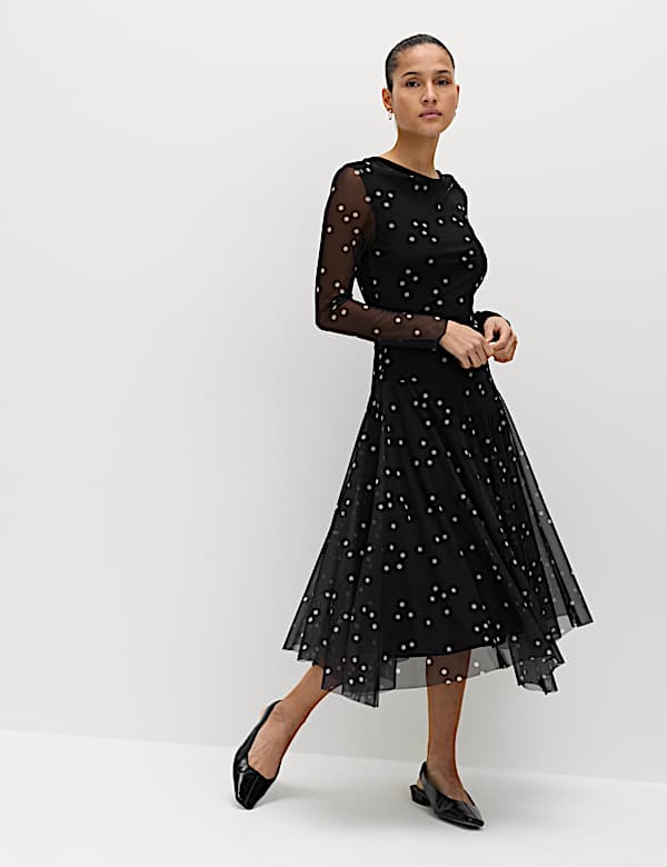 שמלת סקייטר מידקסי בהדפס עם מחשוף נשפך - IL