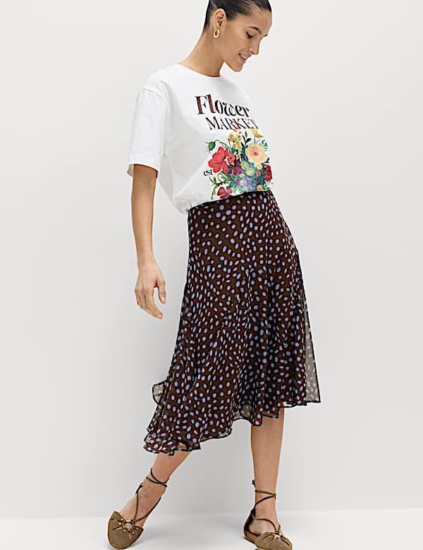 Polka Dot Asymmetric Hem Midi Skirt - AT