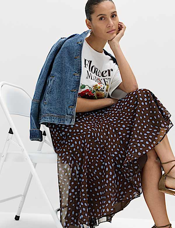 Polka Dot Asymmetric Hem Midi Skirt - AT