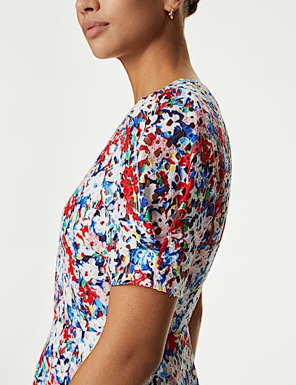 Pure Cotton Floral Cutwork Detail Midi Tea Dress