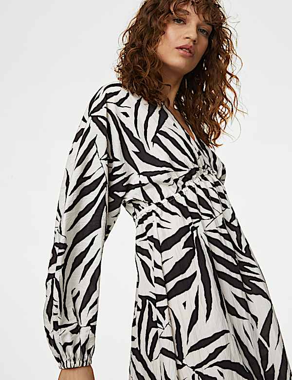 Printed V-Neck Midi Tea Dress - ID