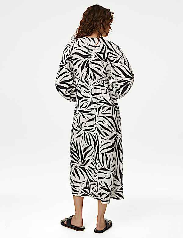 Printed V-Neck Midi Tea Dress - ID