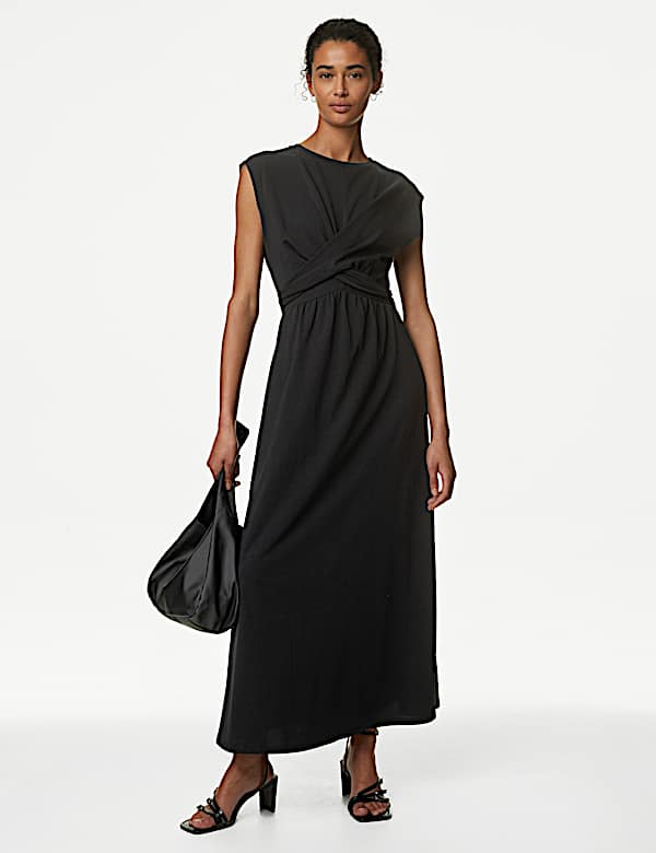 Pure Cotton Round Neck Midi Wrap Dress