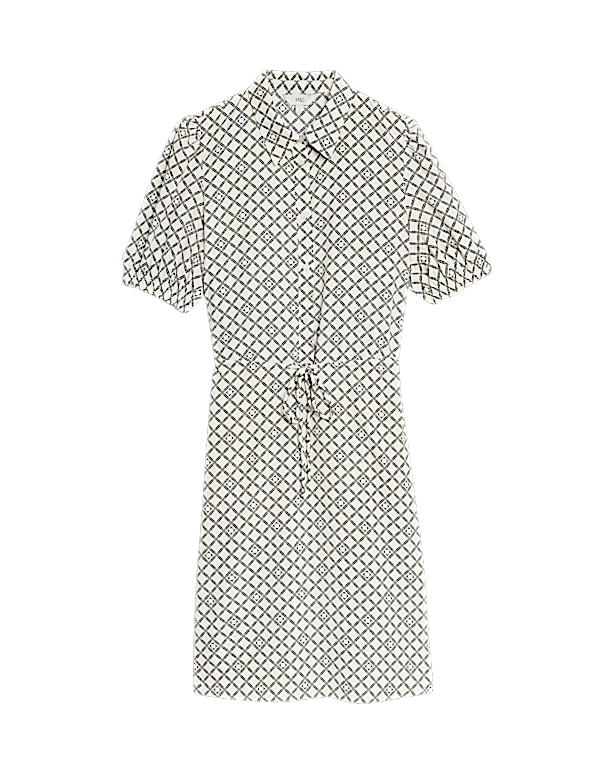 Printed Collared Tie Waist Mini Shirt Dress