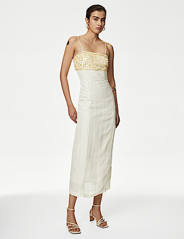 Linen Blend Embellished Midaxi Column Dress