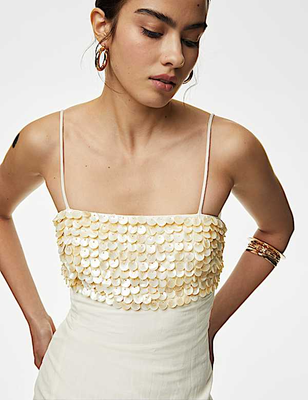 Linen Blend Embellished Midaxi Column Dress