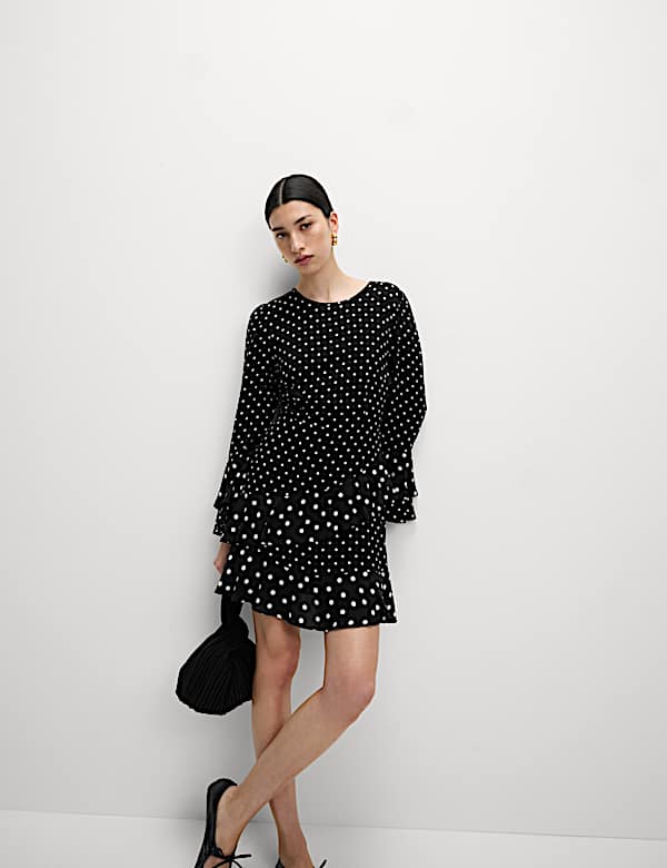 Spot Print Ruffle Mini Skater Dress - BG