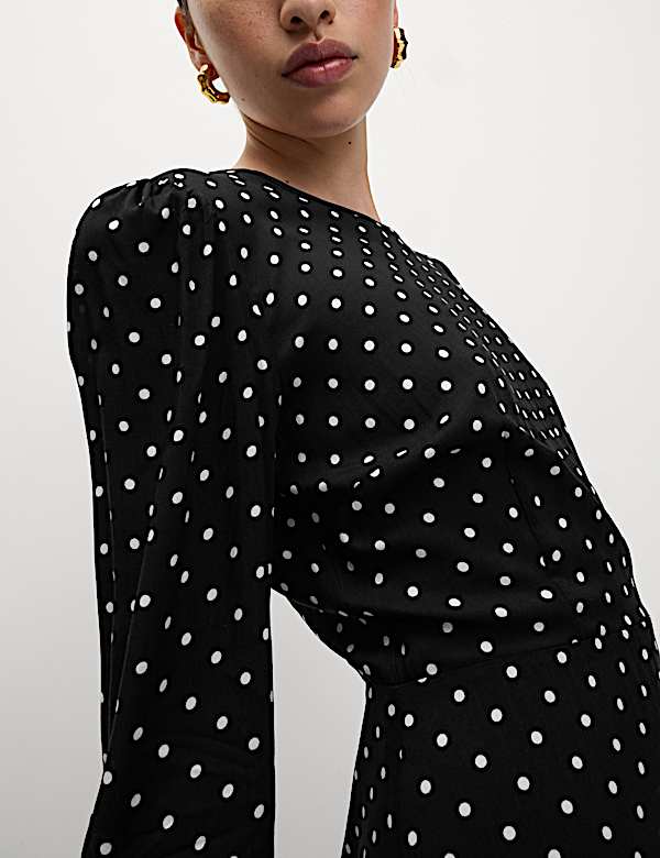 Spot Print Ruffle Mini Skater Dress - BG