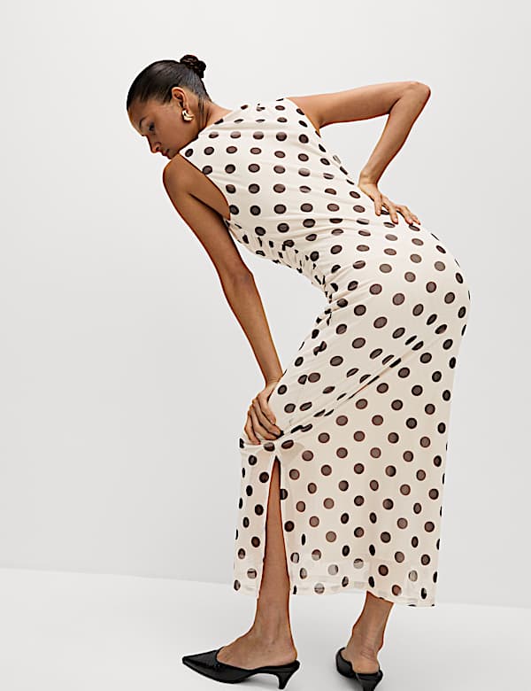 M&S Women's Polka Dot Ruched Midaxi Bodycon Dress - 18TAL - Ivory Mix