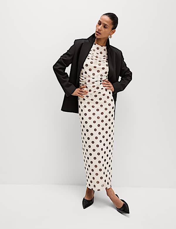 Polka Dot Ruched Midaxi Bodycon Dress - BG