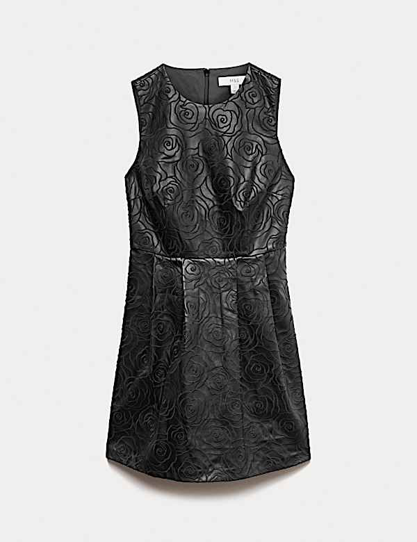 Faux Leather Embossed Crew Neck Mini Smock Dress - RO