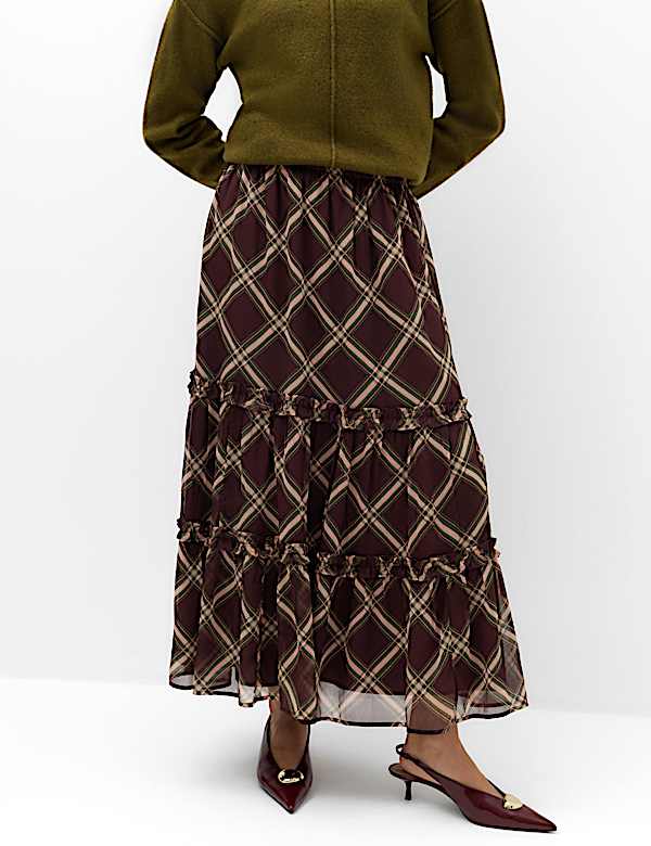 Falda midi de gasa a capas de cuadros - US