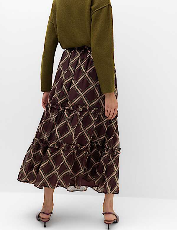 Falda midi de gasa a capas de cuadros - US