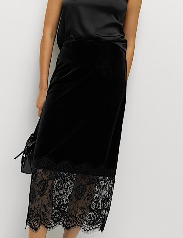 【Jours+】Lace Skirt Magnolia Velvet Lace Detail Midi Pencil Skirt | BLACK | Skirts | M&S JE