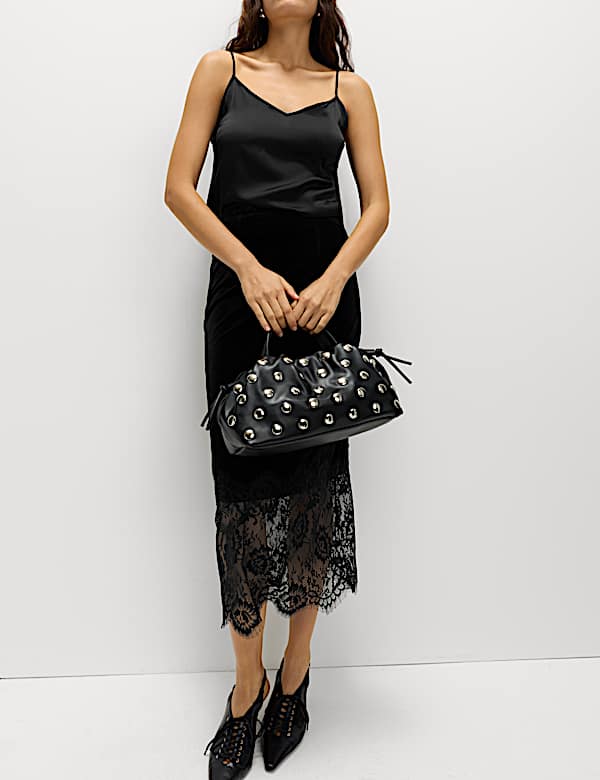 חצאית עיפרון מידי מקטיפה בעיטור תחרה - IL