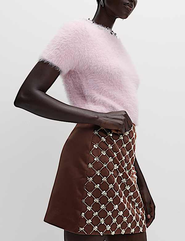 Satin Embellished Mini A-Line Skirt - LU