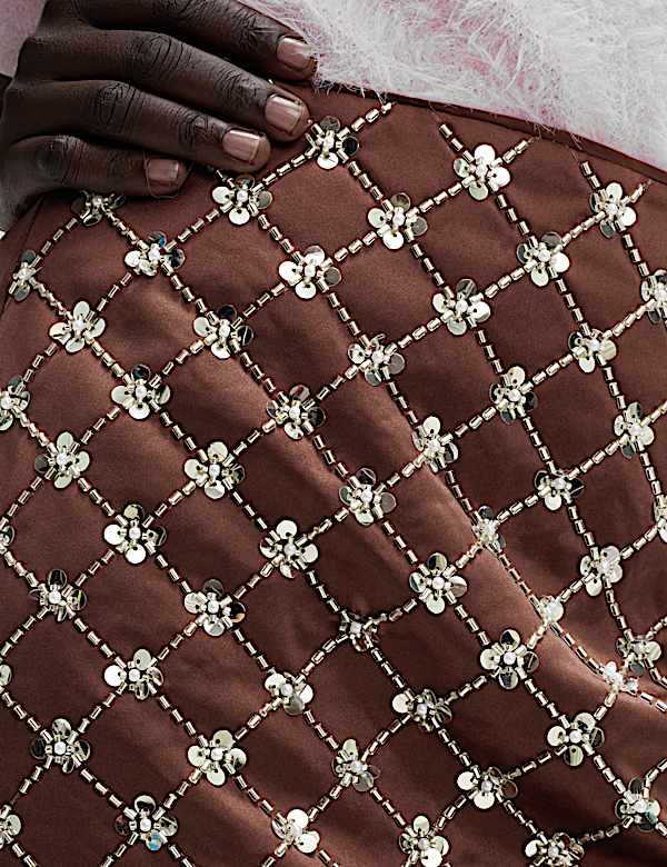 Satin Embellished Mini A-Line Skirt - LU