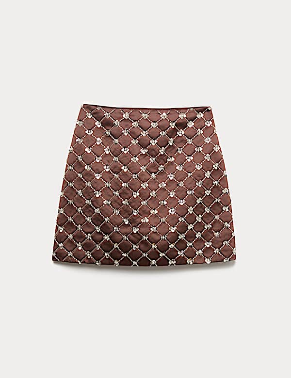 Satin Embellished Mini A-Line Skirt - LU