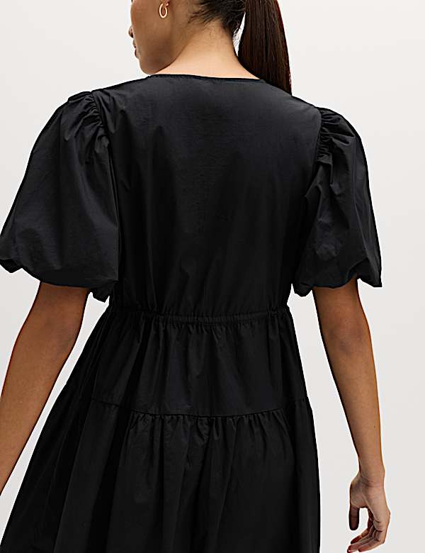 Pure Cotton Puff Sleeve Midi Waisted Dress - MV