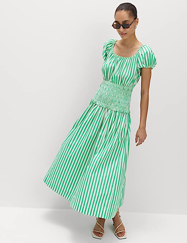 Pure Cotton Striped Scoop Neck Midi Waisted Dress | GREEN MIX | Dresses |  M&S US
