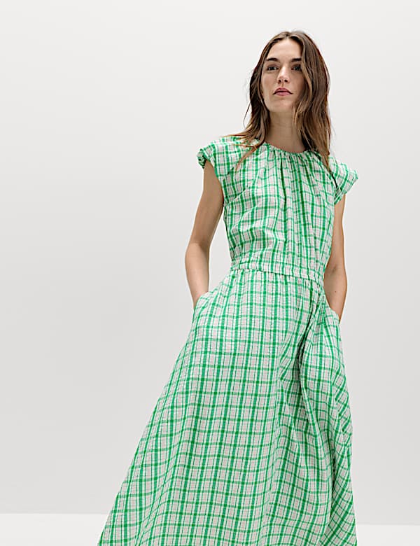 Gingham Puff Sleeve Midi Waisted Dress - HR