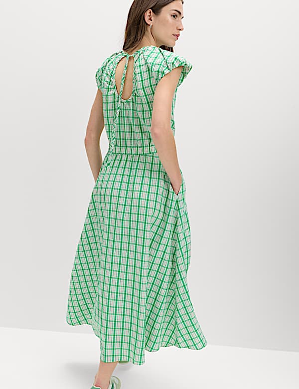 Gingham Puff Sleeve Midi Waisted Dress - HR