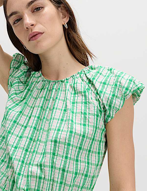 Gingham Puff Sleeve Midi Waisted Dress - HR
