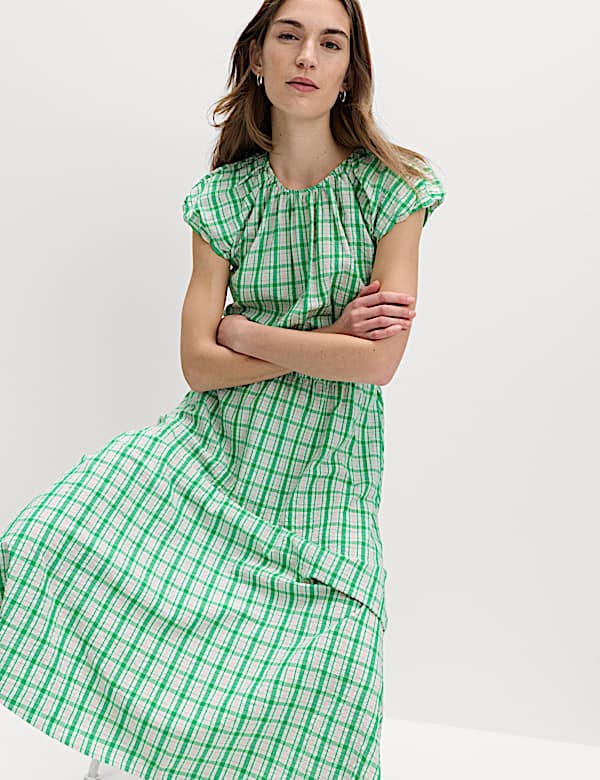 Gingham Puff Sleeve Midi Waisted Dress - HR