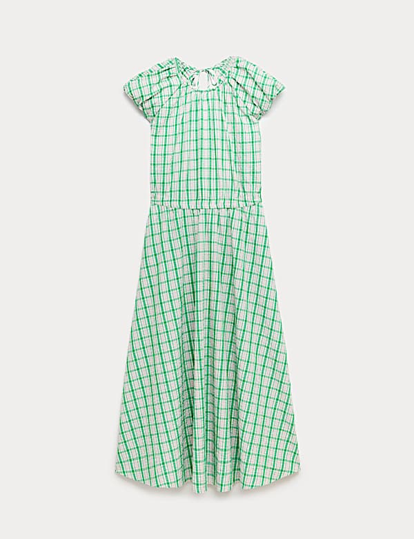 Gingham Puff Sleeve Midi Waisted Dress - HR