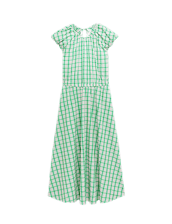 Gingham Puff Sleeve Midi Waisted Dress