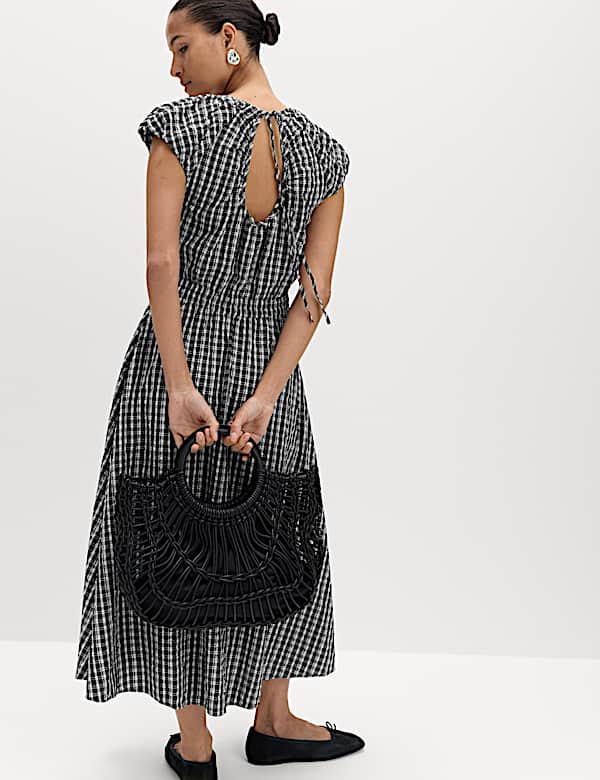 Gingham Puff Sleeve Midi Waisted Dress - BG