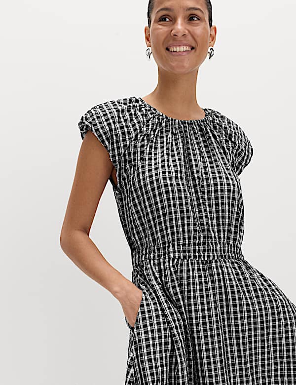 Gingham Puff Sleeve Midi Waisted Dress - BG