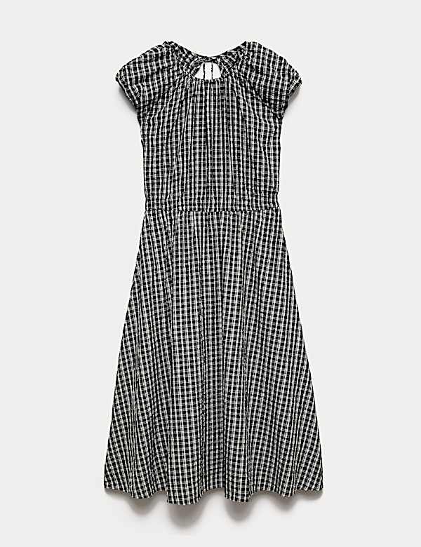 Gingham Puff Sleeve Midi Waisted Dress - BG