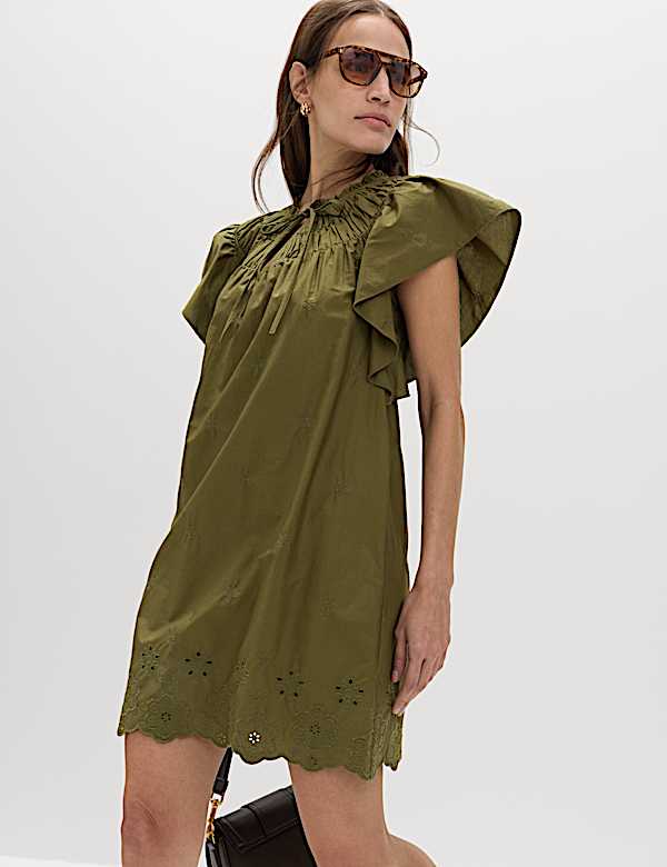 slim fit dress slacks Women's Green Smock Dress Long Sleeve Mini