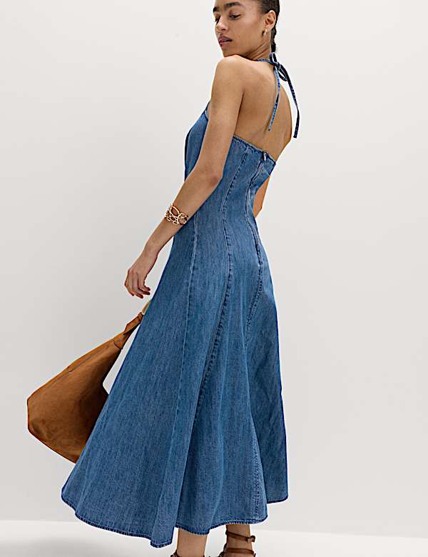 Denim Halter Neck Midi Column Dress - IL
