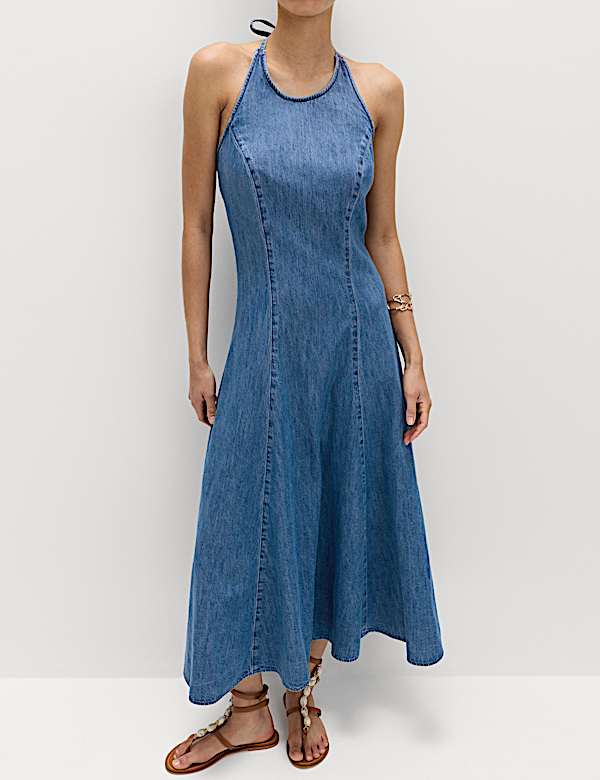 Denim Halter Neck Midi Column Dress - IL