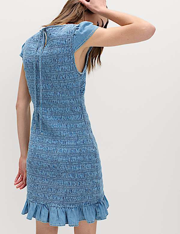 Denim Frill Hem Mini Shirred Dress - SE