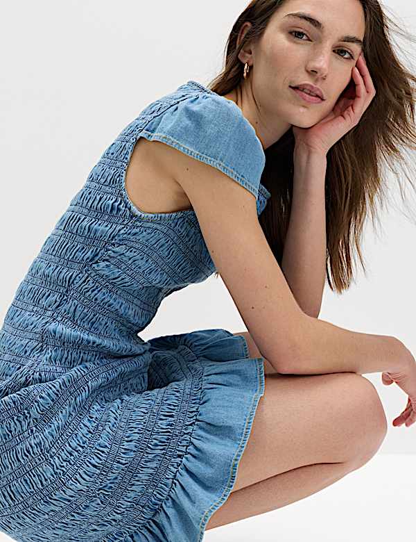 Denim Frill Hem Mini Shirred Dress - SE