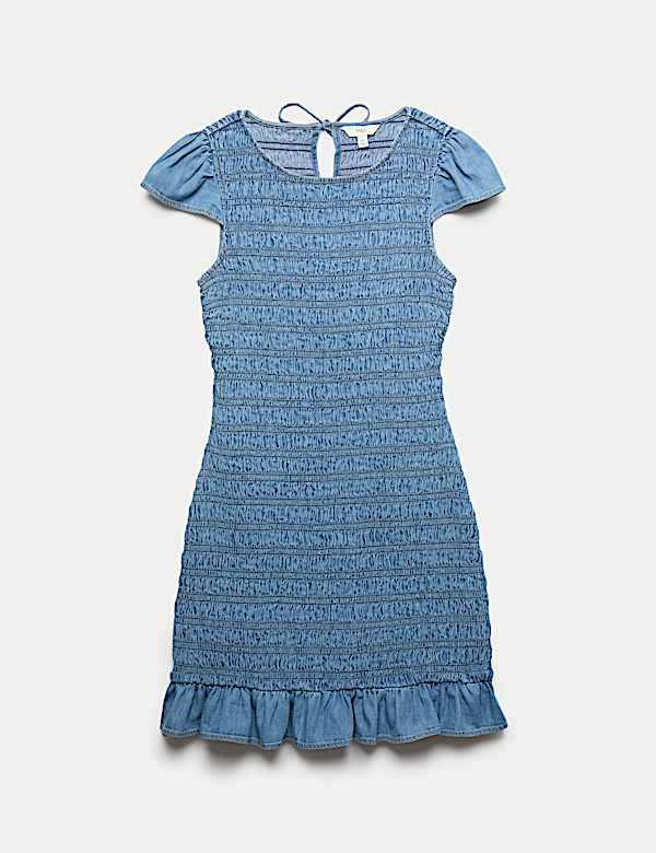 Denim Frill Hem Mini Shirred Dress - SE