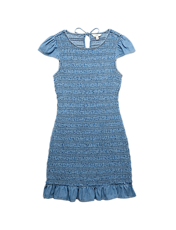 Denim Frill Hem Mini Shirred Dress