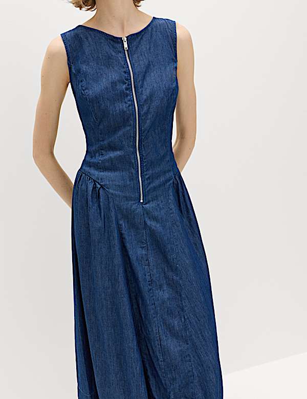 Denim Zip Up Drop Waist Midi Dress - HU