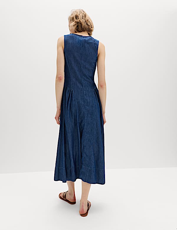 Denim Zip Up Drop Waist Midi Dress - HU
