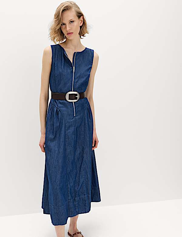 Denim Zip Up Drop Waist Midi Dress - HU