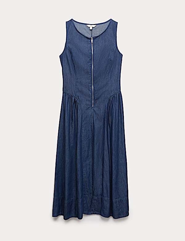 Denim Zip Up Drop Waist Midi Dress - HU