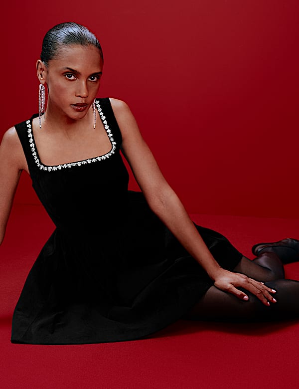 Cotton Rich Velvet Embellished Mini Skater Dress